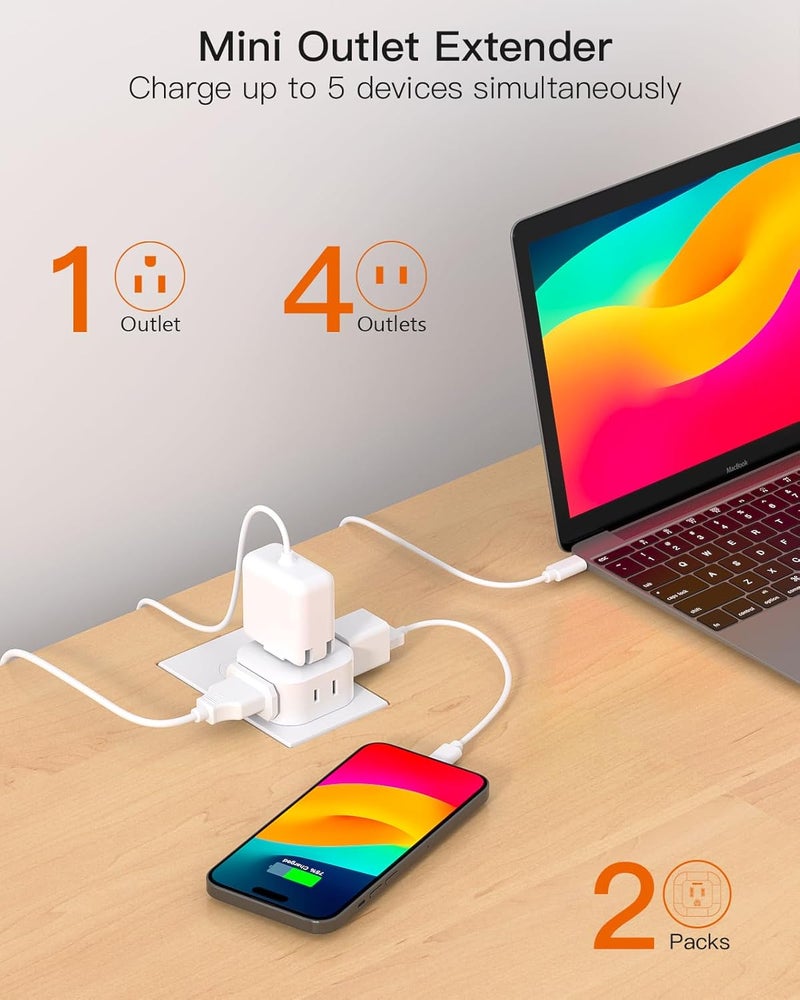 BESHON Multi Plug Outlet Extender 2 Pack, Wall Outlet Splitter with 5 Wall Outlets, Small Multiple Plug Extender, Cruise Essentials, Outlet Adapter No Surge Protector for Cruise Ship Home Office Dorm Room - Image 3
